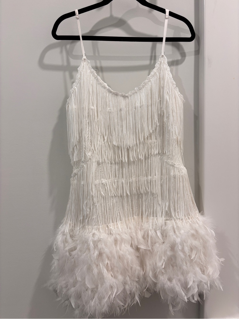White sequin fringe dress with feathers